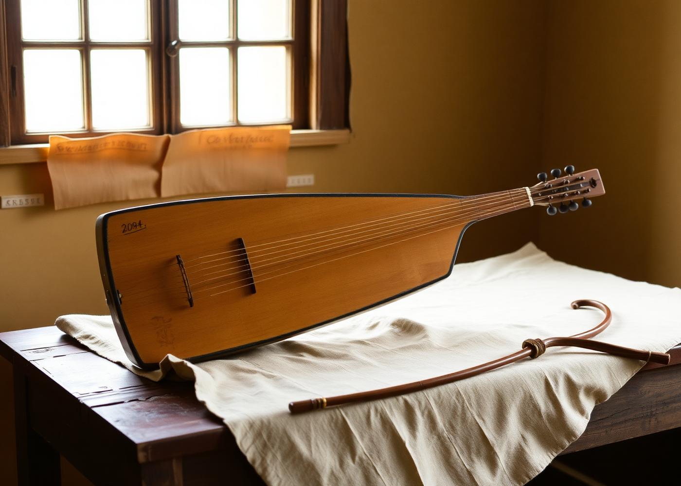 A crwth resting on linen with its bow