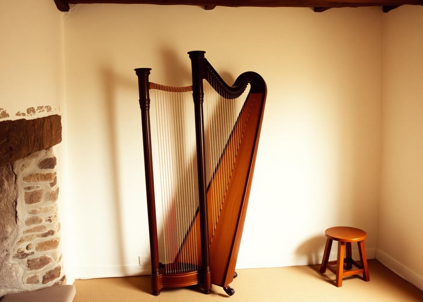 A Welsh triple harp in a stone-walled room