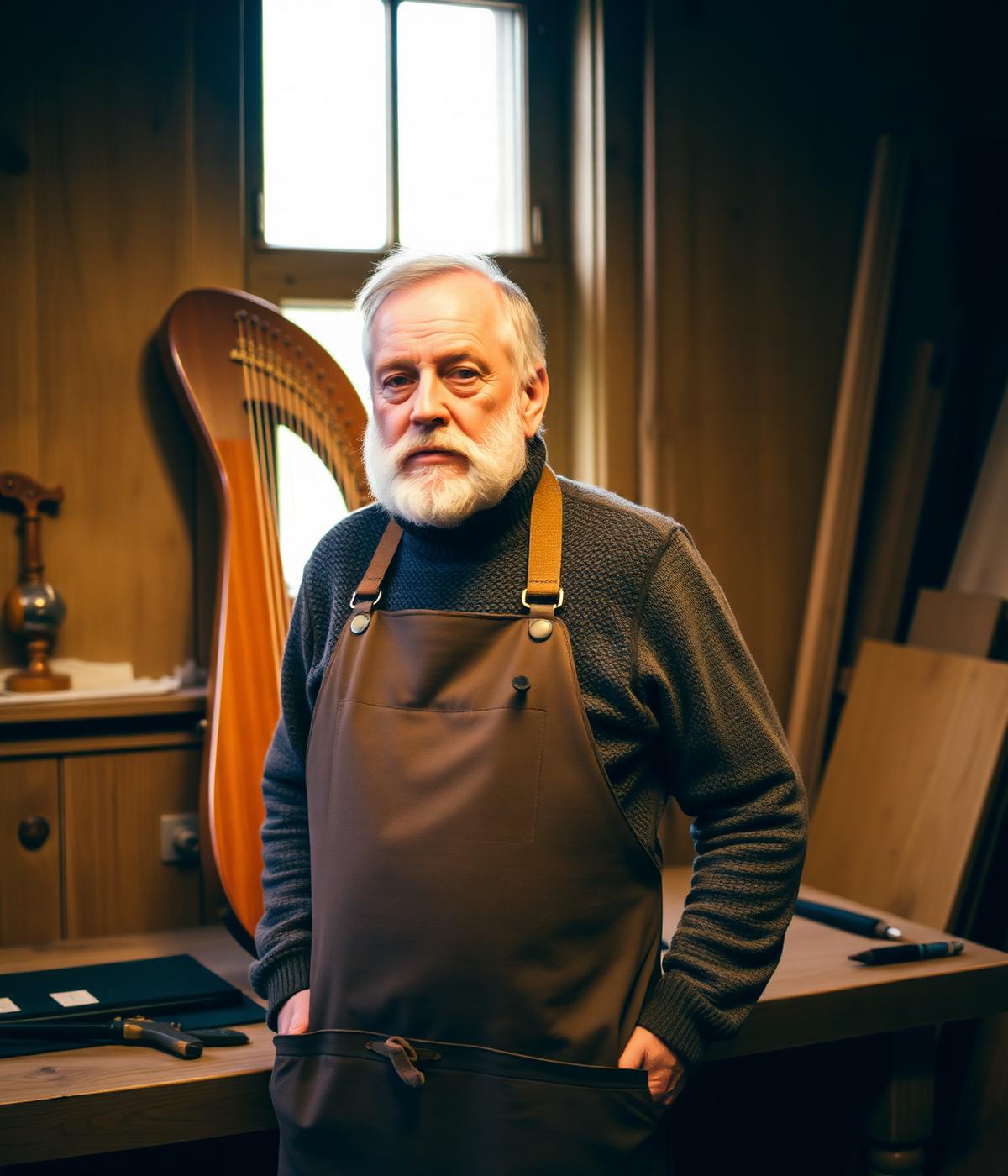 Richard Stevenson in his workshop, wearing a canvas apron